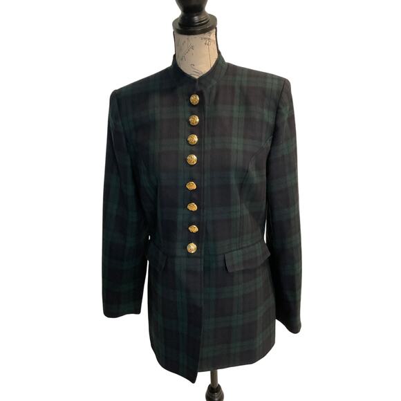 Vtg Talbots Women’s Wool Navy Green Tartan gold buttons military-style blazer 6 - Picture 1 of 16